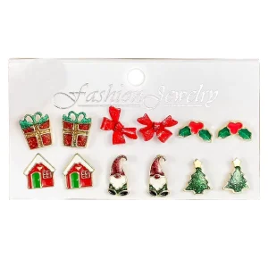 6-Pair Christmas Snow Bell and Santa Claus Cartoon Stud Earring Set for Girls