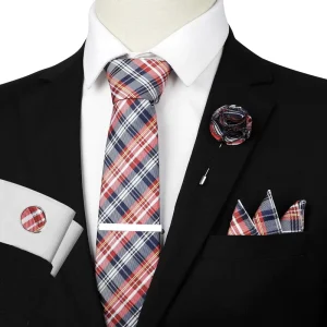 6 Pcs Necktie Bowtie Hanky Cufflink Polyester Check Pattern Tie Set With Gift Box