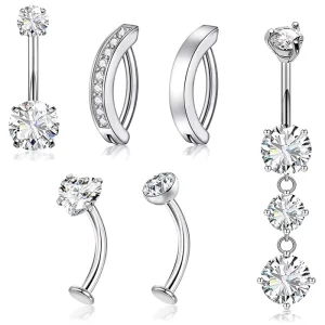 6 Pcs Set Stainless Steel Full Diamond Heart Shape Navel Ring Body Jewelry Unisex Navel Belly Piercing Jewelry