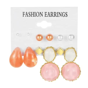 6 Piece Set Pink Flower Earrings Women Sweet Combination Natural Loose Pearls