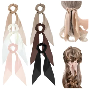 6 Solid Color Polyester Fashion Scrunchies Tied Long Satin Bows Ponytails Elastic Hair Accessories Women Girls Teens