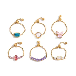 6 Styles Fashion Rings Jewelry Women 18k Gold PVD Plated Stainless Steel Ring Zircons Adjustable Chain Ring