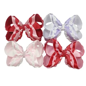 6.5 Inch Multi Layer Ruffle Hair Bows for Girls Valentine’s Day Handmade Fabric Hair Clips Kids Party Hair Accessories