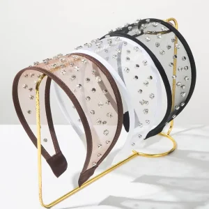 6.5cm Fashion Simple Rivet Rhinestone Mesh Wide Edge Headband Pearl Beads Hairbands Large Hair Hoops for Women Girls