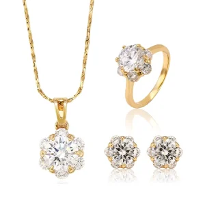 62890 Jewelry 18K Gold Plated Zircon Jewelry Set with 3 Pieces Necklace Stud Earrings Ring Exquisite Jewelry for Women