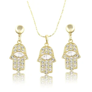 63758 Jewelry 14K Gold Hand Shape Diamond Set Environmental protection Copper Necklace Earrings Two Sets