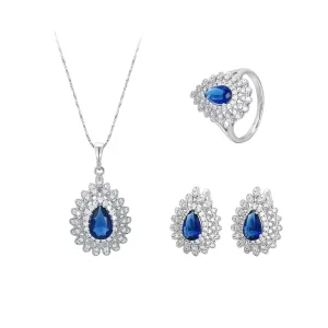 63882 xuping Fashion Jewelry Rhodium Color Blue Stone Flower Wedding Gifts Jewelry Sets Ring and Earring