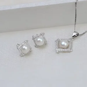 6&8mm Button 925 Silver Natural Freshwater Pearl Earrings Necklace Ring Fine Jewelry Sets