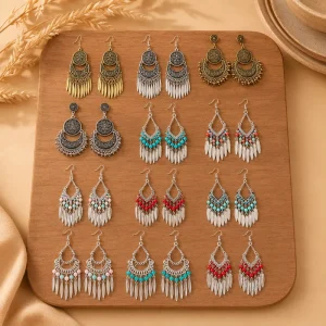 6PCS Vintage Bohemian Beaded Tassel Drop Earrings Zinc Alloy Dangle Cotton Thread Charms