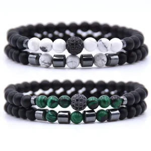 6mm Natural Stone Bead Bracelet 2 Pieces Set Straight Pull Ball Beads Bracelet for Women and Men Accessories Men’s Bracelet
