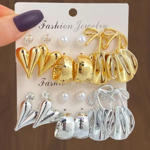 6pairs Set Trendy Gold Color Stud Butterfly Earrings Set for Women Heart Bow Cuff Earrings Fashion Jewelry Gift
