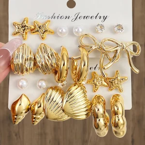 6pairs set Fashion Packaging Card Conch Starfish Leaf Bow Alloy Crystal Pearl Earrings Kit Women Jewelry