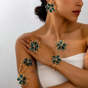 6pcs One Set Romantic Enamel Flower shaped Jewelry Set for Women Fashion Jewelry Bangle Pendant Necklace Earrings Bracelet Set