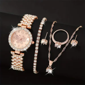 6pcs Women’s Jewelry Set Rose Gold Luxury Alloy & Glass Watch Ring Necklace Earring Rhinestone Fashion Casual YuSa861