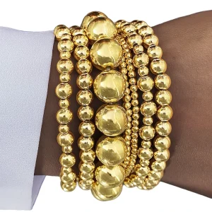 6pcs set Gold & Silver Beaded Elastic Bracelets for Women Trendy Fashion Charm Jewelry