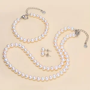 7-8mm 3A Grade Button Shape White Genuine Natural Freshwater Cultured Pearl Jewelry Set