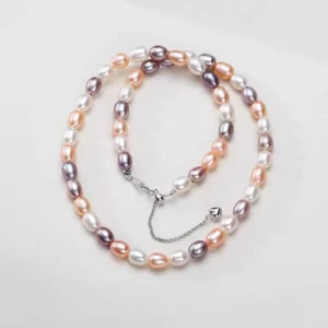 7-8mm AAA Grade Natural Mixed Color Rice Shape Freshwater Pearl Necklace Fashion Jewelry for Women