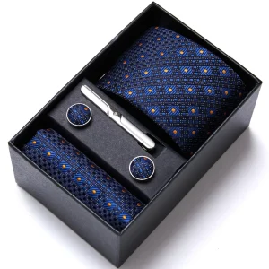 7.5 cm Tie Handkerchief Cufflink Set Necktie Box Blue Yellow Dot Suit Accessories for Men