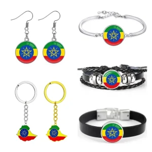70 Models Ethiopia Country Flag Map Tie Clip Lapel Pin Ring Brooch Cuff Link Necklace Bracelet Earrings Key Chain Jewelry Set