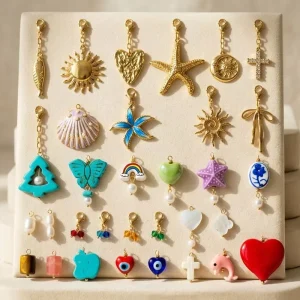 72 Styles Fish Sun Moon Starfish Heart Stainless Steel Lobster Clasp Bag Charms Ceramic Turquoise Pearls Crystal Pendant