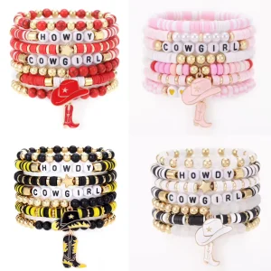 7Pcs Cowgirl Beaded Bracelet Set Stackable Pink Heishi Pearl Bracelets with Cowboy Hat Boot Charms Western Party Jewelry Gifts