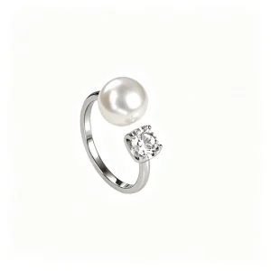 7mm AAA Button Shape White Pearl Shiny Silver Plated Open Adjustable Ring