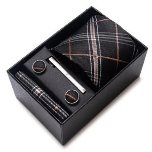 8 cm Tie Handkerchief Cufflink Set Necktie Box Suit Accessories Stripe Black Brown for Men