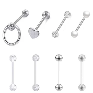 8 piece Mixed Set Heart Circle Tongue Ring Stainless Steel Piercing Jewelry Tongue Ring and Tongue Stud