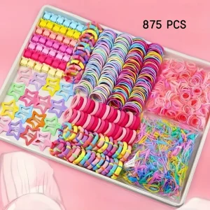 875Pcs Ultimate Kids Hair Accessories Set Bulk Colorful Elastic Hair Ties & Mini Claw Clips Gift Box for Baby Girls
