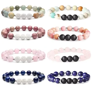 8MM Volcanic Stone Tiger Eye Agates Crystal Beads Trendy Charm Bracelet with Elastic Rope for Couples