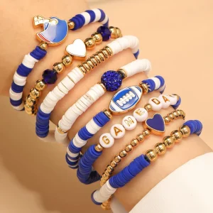 8PCS Game Day Sports Rugby Bracelet Set Polymer Clay Bead Stretch Stack Bracelet for Unisex