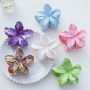 8cm Plastic Large Plumeria Flower Hair Claw Clips Marble Pattern Glossy Finish 3D Floral Strong Hold Non slip Women