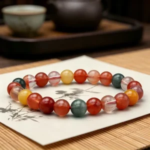 8mm Fu Lu Shou Trendy Ball Shaped Natural Crystal Beaded Bracelet Multicolor Lucky Fortune Charm for Unisex Wedding