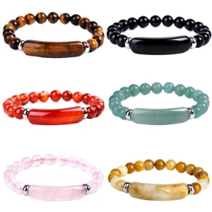 8mm Natural Clear Quartz Rose Amethyst Ball Beads Silver Rhinestone Spacer for Stretch Unisex Bracelet Meditation Jewelry