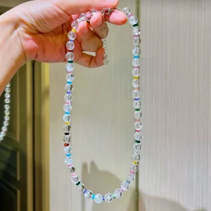 8mm Natural White Crystal Alloy Ball Beaded Dopamine Hued Spacer Beads Niche Fashion Clavicle Chain Necklace for Women