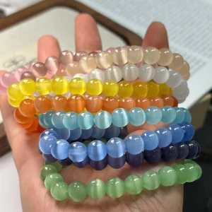 8mm Unisex Natural Cat’s Eye Stone Gemstone Bracelet Single Loop Elastic Moonlight Charm Bracelet