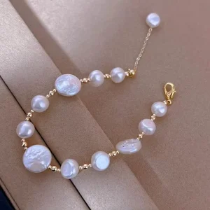 9-10mm+12-13mm Button Baroque Pearl Bracelet Freshwater Pearl AAAA Grade Gold Plated Women’s Jewelry