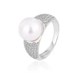 9-9.5mm Fashionable Single Natural Freshwater Pearl Rings Zircon Costume Rings Silver 925 Ring for Pearls