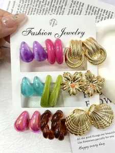 9 Pari Multi-color Acrylic Resin Gold Flower Geometric Earring Set for Women