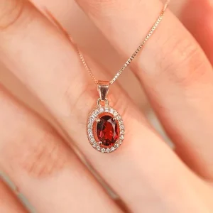 925 Silver 4mm*6mm Natural Garnet Pendant Necklace Jewelry OEM ODM Service