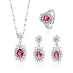 925 Silver Bride Fine Jewelry Set Crystal Pendant Necklace Red Stone Necklace Earrings Ring Jewelry for Women