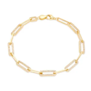 925 Silver CZ Paperclip Chain Bracelet, 18K Gold Plated Classic Paperclip Bracelet