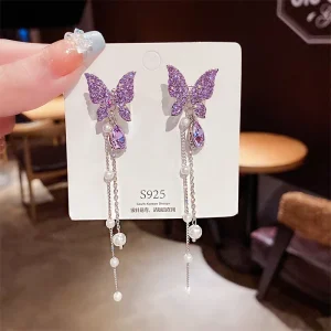 925 Silver Needles Beautiful Butterfly Full Diamond Long Pearl Tassel Stud Earrings Fashion Glass Gold Plated Anniversary Gift