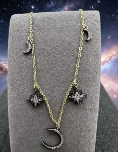925 Silver Plated 18K Gold Multi-Charm Necklace with Retro Star Moon Cubic Zirconia Design for Stackable Women’s Fashion Jewelry