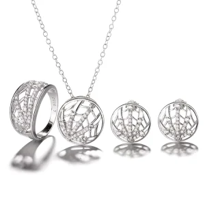 925 Silver Ring Earrings and Necklace Set in Round Cobweb Design Jewelry Set