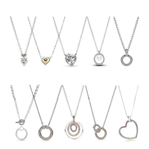 925-Silver Silver-plated Zircon Heart Shape Double-Ring Necklace O-chain Collarbone DIY Accessory Basic Unisex Fashionable