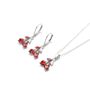 925 Solid Silver Cherry Jewelry Set Earrings&Necklace With CZ Ruby Bridal Jewelry