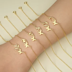 925 Sterling Silver 18K Gold Plated Alphabet Letter Butterfly Charms Bracelets for Women