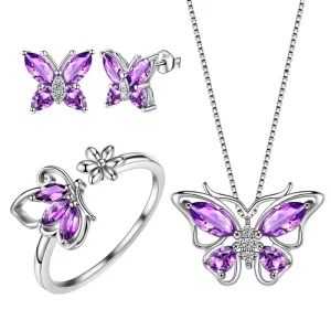 925 Sterling Silver AAA+Cubic Zirconia Necklace Ring Earrings Wedding Gifts Butterfly Jewelry Set