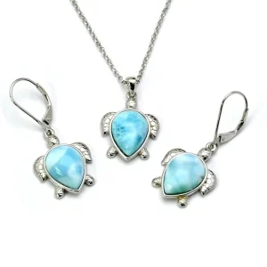 925 Sterling Silver Animal Designs Jewelry Natural Larimar 10X12MM Sea Turtle Hoop Earring and Pendant Jewelry Set